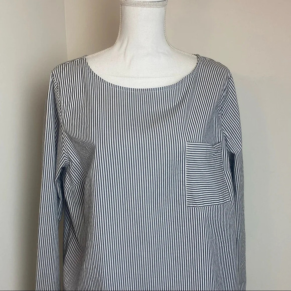 J Crew Top Organic Cotton Striped Box Blouse Black & White Long Sleeve Pocket - Picture 2 of 13